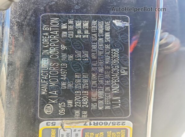 KNDPB3AC3G7863668 2016 KIA SPORTAGE Black Вид наклейки з VIN-кодом