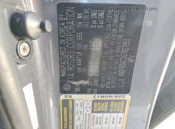 KNDPB3AC5G7827951 2016 KIA SPORTAGE Gray Widok naklejki z numerem VIN