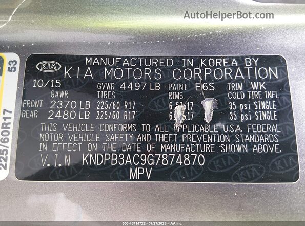 KNDPB3AC9G7874870 2016 KIA SPORTAGE Gray Engine compartment view