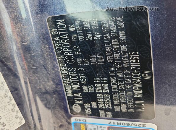 KNDPM3AC0H7118615 2017 KIA SPORTAGE Blue VIN կոդի պիտակի տեսք