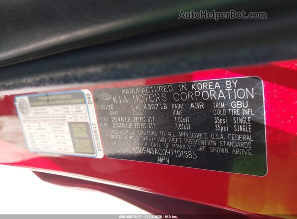 KNDPM3AC0H7191385 2017 KIA SPORTAGE Red ძრავის განყოფილების ხედი