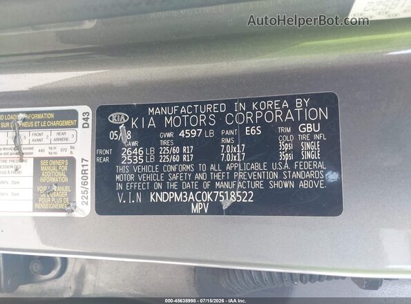 KNDPM3AC0K7518522 2019 KIA SPORTAGE Gray უკანა სავარძლების ხედი