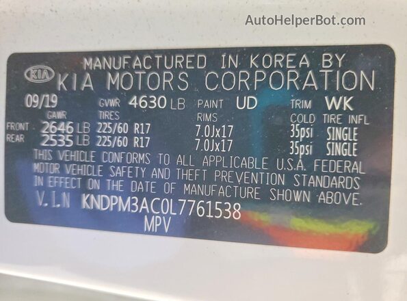KNDPM3AC0L7761538 2020 KIA SPORTAGE White Շարժիչի բաժամունքի տեսք