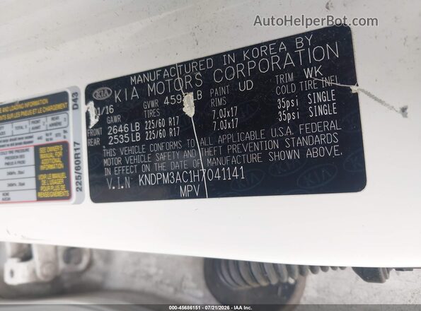 KNDPM3AC1H7041141 2017 KIA SPORTAGE White Vista del compartimento del motor