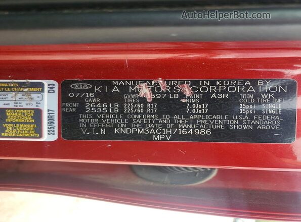 KNDPM3AC1H7164986 2017 KIA SPORTAGE Red Vista de la etiqueta del VIN