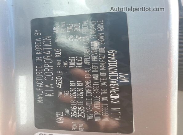 KNDPM3AC1N7010449 2022 KIA SPORTAGE Gray Вид наклейки з VIN-кодом