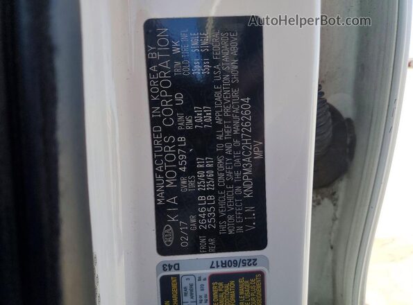 KNDPM3AC2H7262604 2017 KIA SPORTAGE White VIN კოდის სტიკერის ხედი