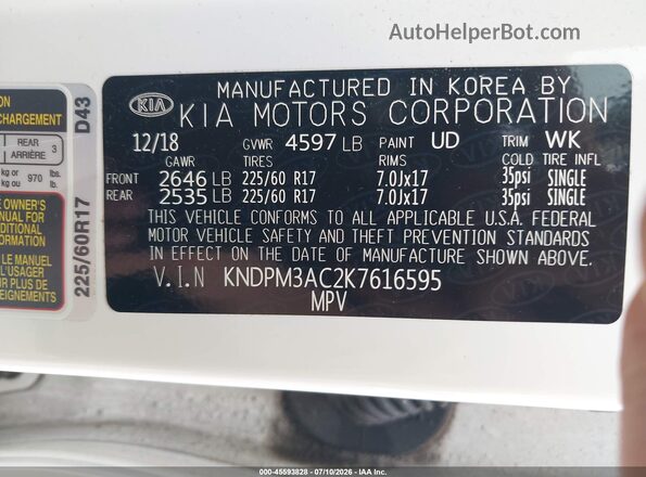 KNDPM3AC2K7616595 2019 KIA SPORTAGE White Շարժիչի բաժամունքի տեսք