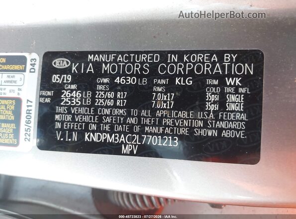 KNDPM3AC2L7701213 2020 KIA SPORTAGE Gray ძრავის განყოფილების ხედი