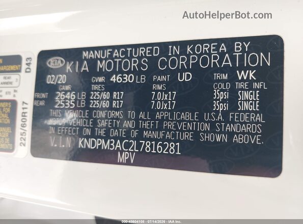 KNDPM3AC2L7816281 2020 KIA SPORTAGE Белый Вид подкапотного пространства
