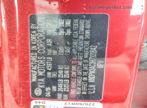 KNDPM3AC3H7101842 2017 KIA SPORTAGE Red VIN sticker view