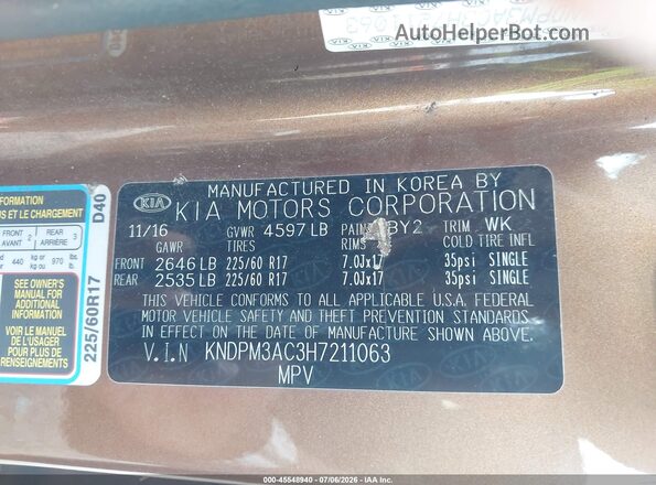KNDPM3AC3H7211063 2017 KIA SPORTAGE Brown Engine compartment view