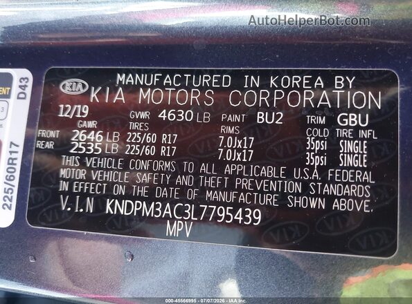 KNDPM3AC3L7795439 2020 KIA SPORTAGE Синий Вид подкапотного пространства
