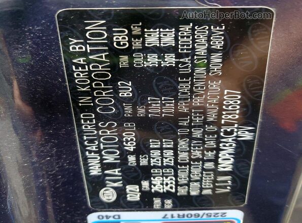KNDPM3AC3L7816807 2020 KIA SPORTAGE Blue VIN sticker view