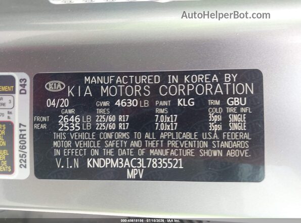 KNDPM3AC3L7835521 2020 KIA SPORTAGE Gray ძრავის განყოფილების ხედი
