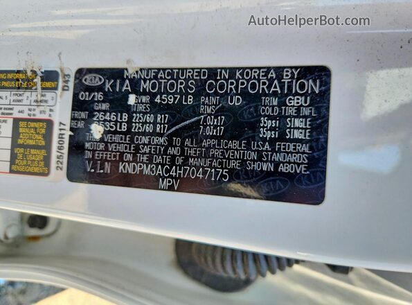 KNDPM3AC4H7047175 2017 KIA SPORTAGE White Widok naklejki z numerem VIN