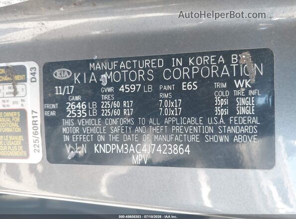 KNDPM3AC4J7423864 2018 KIA SPORTAGE Gray Շարժիչի բաժամունքի տեսք