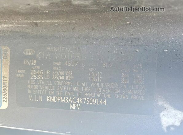 KNDPM3AC4K7509144 2019 KIA SPORTAGE Blue VIN კოდის სტიკერის ხედი