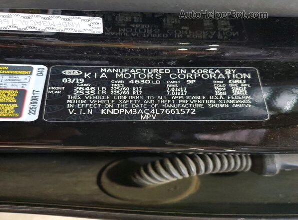 KNDPM3AC4L7661572 2020 KIA SPORTAGE Black Vista de la etiqueta del VIN