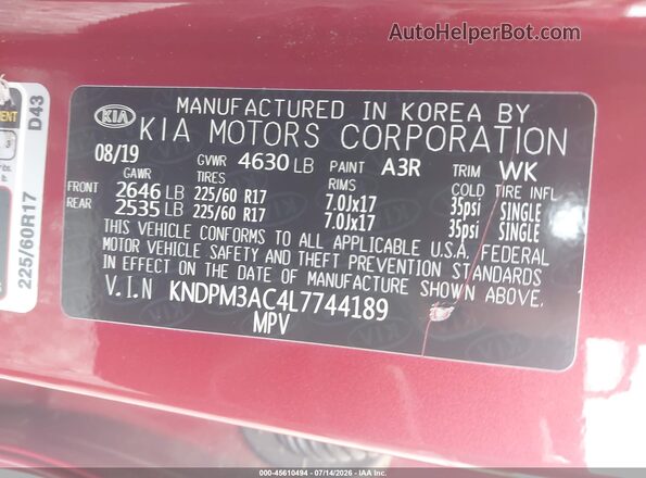 KNDPM3AC4L7744189 2020 KIA SPORTAGE Red Vista del compartimento del motor