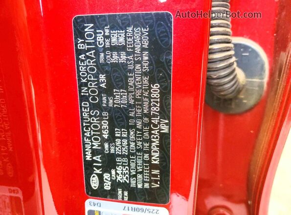 KNDPM3AC4L7821806 2020 KIA SPORTAGE Red VIN կոդի պիտակի տեսք
