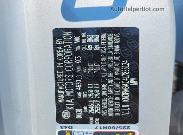 KNDPM3AC4L7835124 2020 KIA SPORTAGE Silver VIN კოდის სტიკერის ხედი