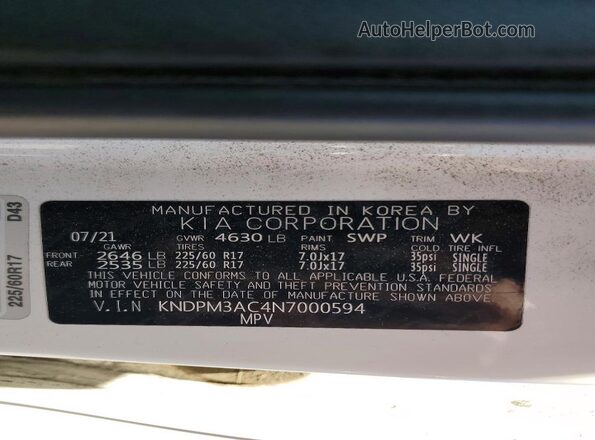 KNDPM3AC4N7000594 2022 KIA SPORTAGE White Engine compartment view