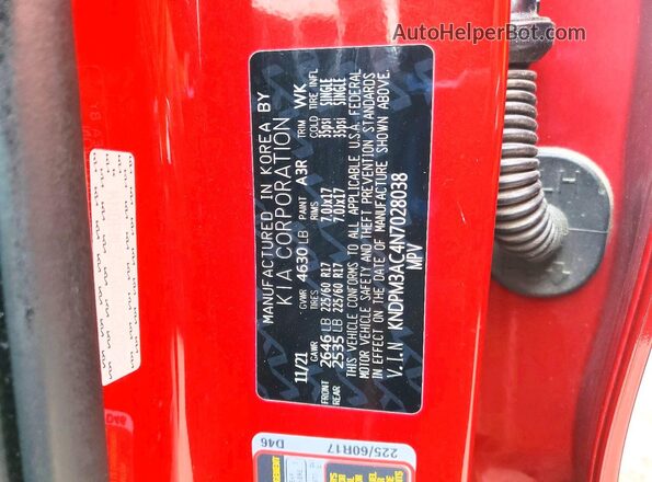 KNDPM3AC4N7028038 2022 KIA SPORTAGE Red VIN კოდის სტიკერის ხედი