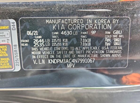 KNDPM3AC4N7991067 2022 KIA SPORTAGE Black VIN კოდის სტიკერის ხედი