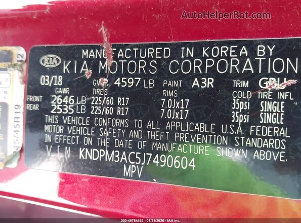 KNDPM3AC5J7490604 2018 KIA SPORTAGE Red Շարժիչի բաժամունքի տեսք