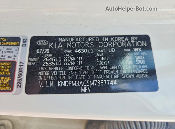 KNDPM3AC5M7867744 2021 KIA SPORTAGE White Vista de la etiqueta del VIN