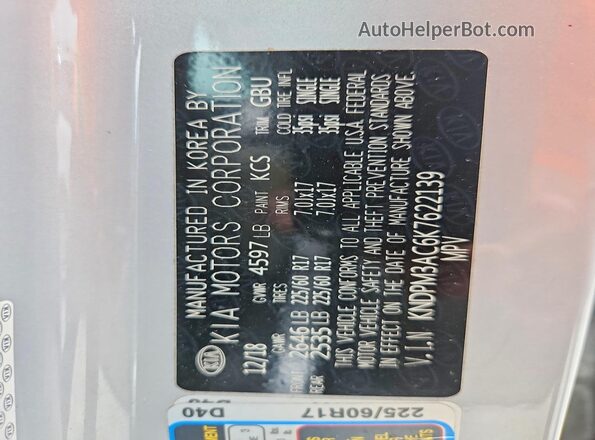 KNDPM3AC6K7622139 2019 KIA SPORTAGE Silver Widok naklejki z numerem VIN