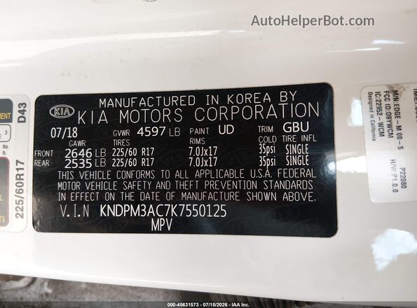 KNDPM3AC7K7550125 2019 KIA SPORTAGE White Vista del compartimento del motor