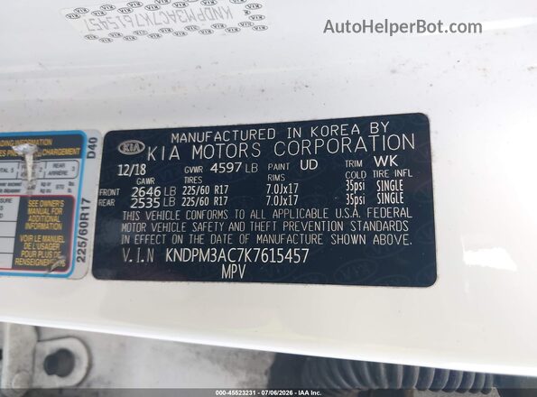 KNDPM3AC7K7615457 2019 KIA SPORTAGE White Vista del compartimento del motor