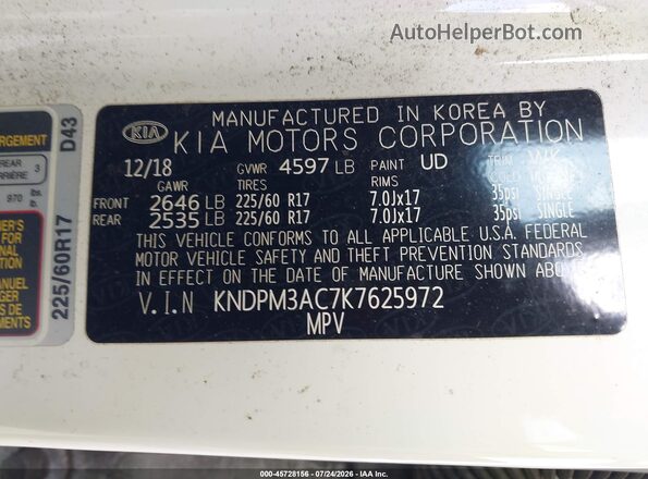 KNDPM3AC7K7625972 2019 KIA SPORTAGE White ძრავის განყოფილების ხედი