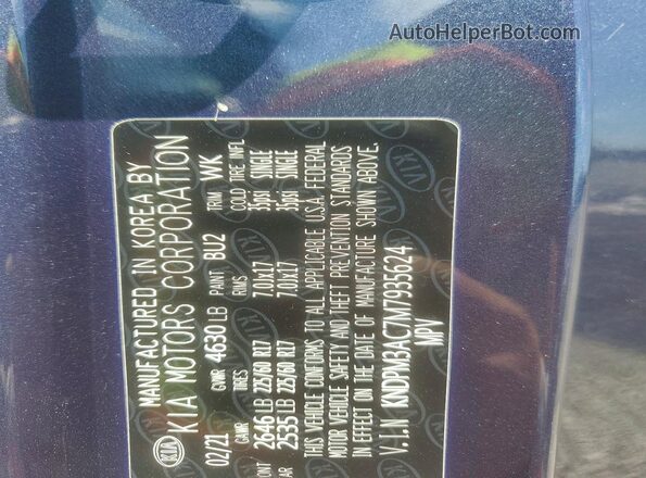 KNDPM3AC7M7935624 2021 KIA SPORTAGE Blue VIN კოდის სტიკერის ხედი