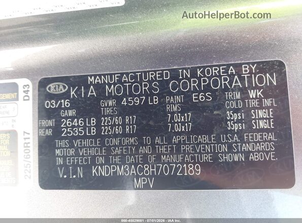 KNDPM3AC8H7072189 2017 KIA SPORTAGE Gray Widok komory silnika