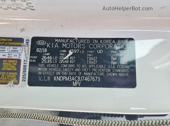 KNDPM3AC8J7467673 2018 KIA SPORTAGE White VIN կոդի պիտակի տեսք
