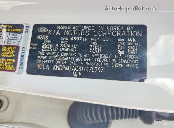 KNDPM3AC8J7470797 2018 KIA SPORTAGE Белый Вид наклейки с VIN-кодом