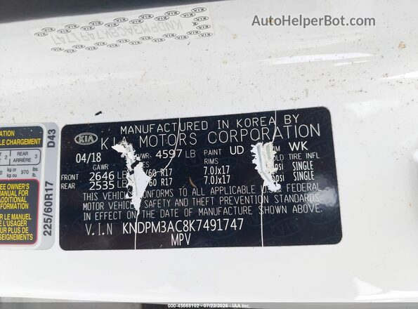 KNDPM3AC8K7491747 2019 KIA SPORTAGE White Շարժիչի բաժամունքի տեսք