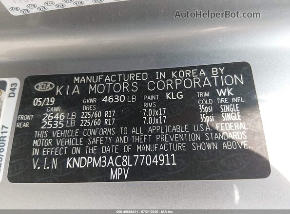 KNDPM3AC8L7704911 2020 KIA SPORTAGE Gray Vista del compartimento del motor