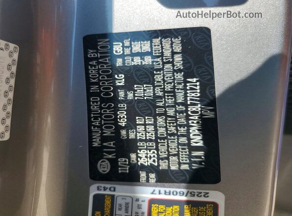 KNDPM3AC8L7781214 2020 KIA SPORTAGE Gray VIN sticker view