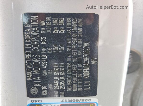 KNDPM3AC9H7082780 2017 KIA SPORTAGE Silver Widok naklejki z numerem VIN