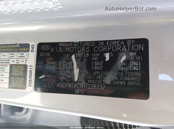 KNDPM3AC9H7226232 2017 KIA SPORTAGE Silver Вид підкапотного простору