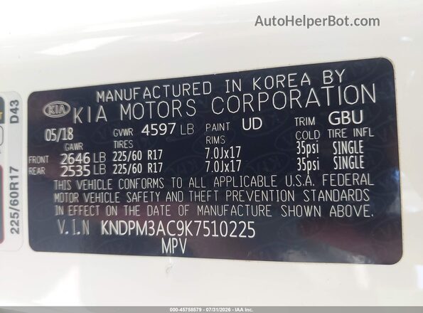 KNDPM3AC9K7510225 2019 KIA SPORTAGE White Engine compartment view