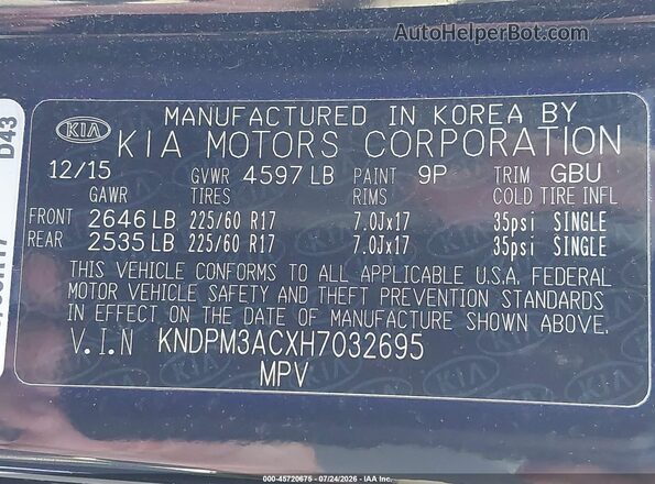 KNDPM3ACXH7032695 2017 KIA SPORTAGE Black ძრავის განყოფილების ხედი