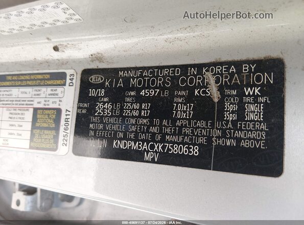 KNDPM3ACXK7580638 2019 KIA SPORTAGE Серебряный Вид подкапотного пространства