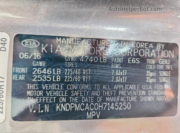 KNDPMCAC0H7145250 2017 KIA SPORTAGE Gray VIN կոդի պիտակի տեսք