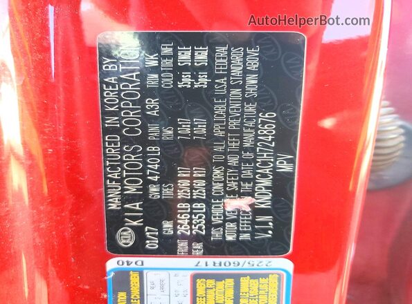 KNDPMCAC1H7248676 2017 KIA SPORTAGE Red Вид наклейки з VIN-кодом