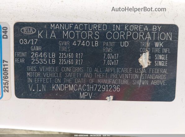 KNDPMCAC1H7291236 2017 KIA SPORTAGE White Engine compartment view